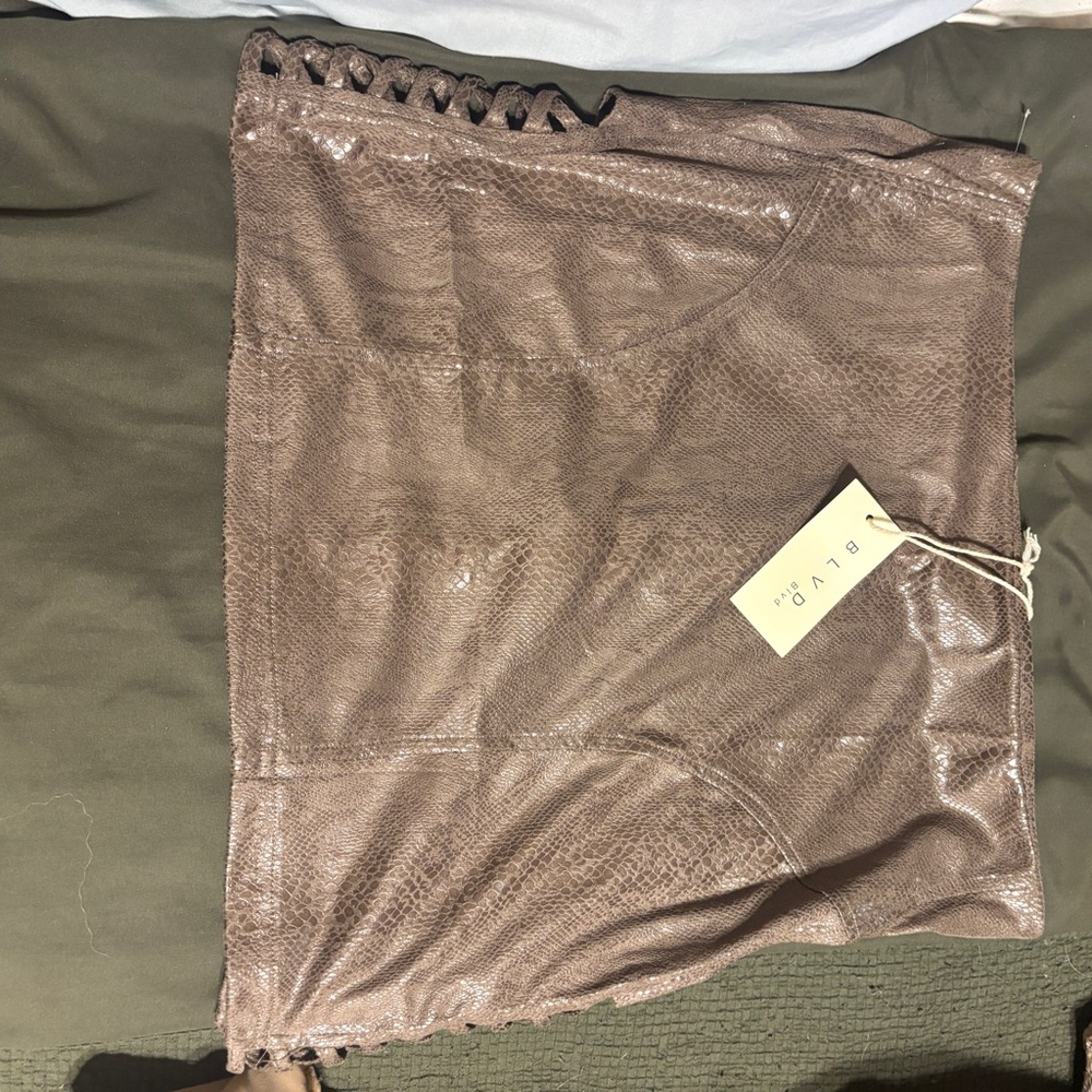 BLVD Taupe Faux-Leather Mini Skirt with Lace-Up Waist